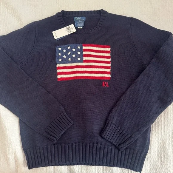 Polo by Ralph Lauren Navy Crewneck Sweater with Flag. Size L. Unisex - Picture 1 of 8